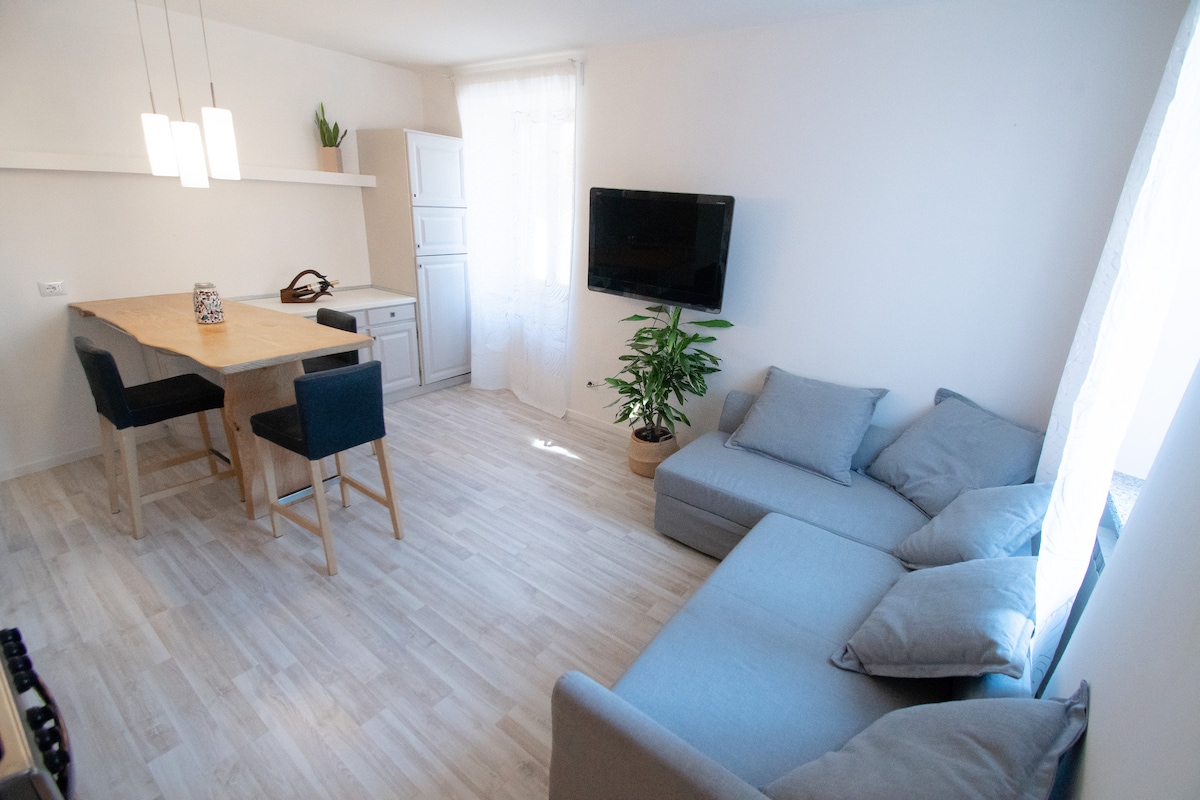 A bright living area features a grey sectional sofa with ample cushions, a wooden dining table surrounded by black chairs, and a flat-screen television mounted on the wall. Natural light enters through a nearby window, highlighting a potted plant in the corner.