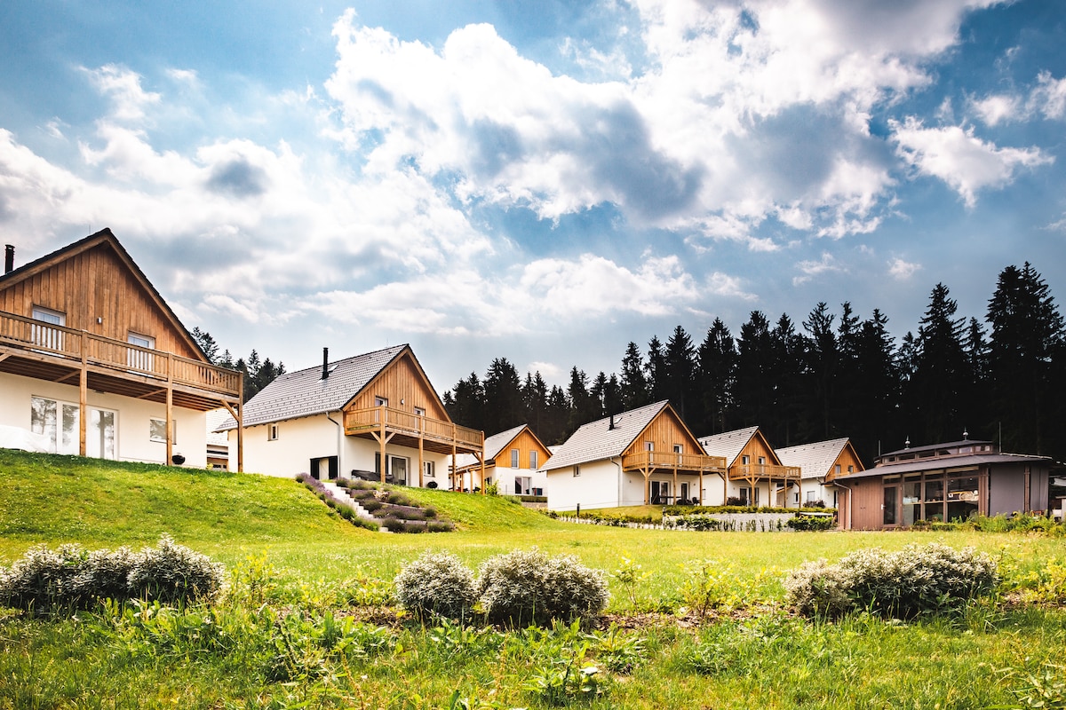 Multiple wooden chalets are situated on a grassy expanse, framed by a backdrop of trees. Each chalet features a unique design with sloped roofs and balconies. The sky above shows a mix of clouds, creating a serene atmosphere across the landscape.