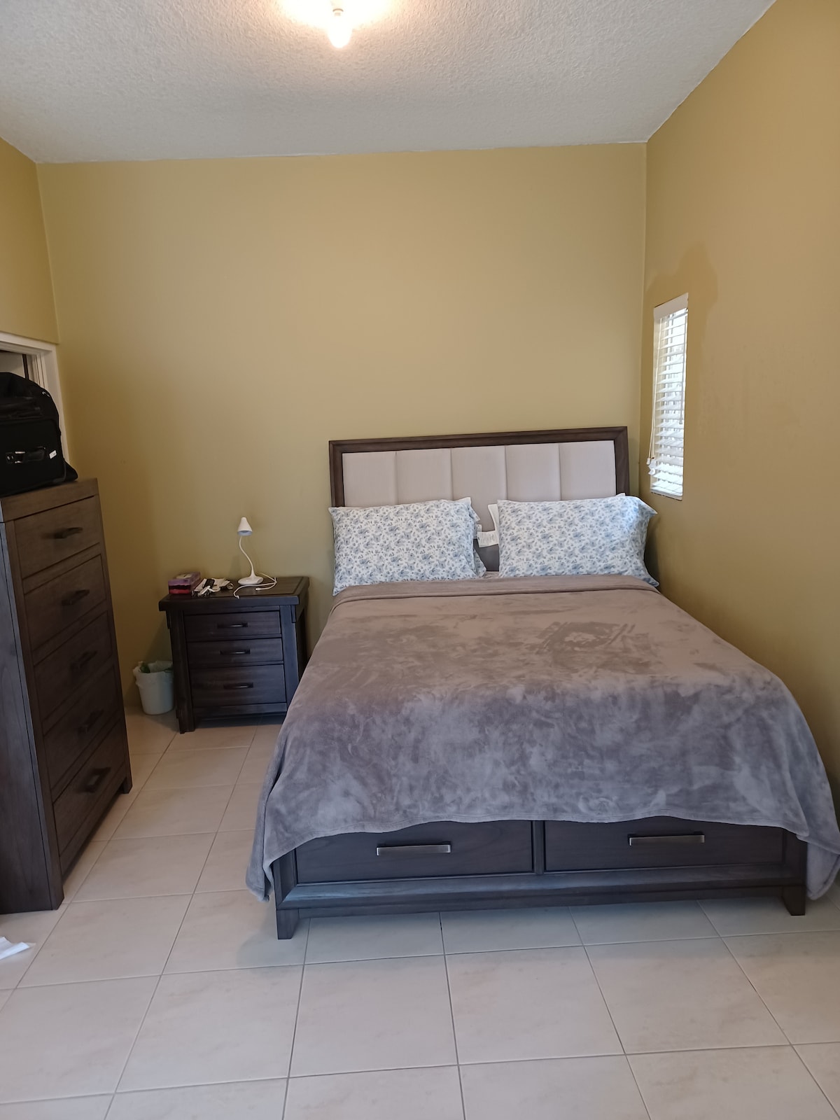 A cozy sleeping area features a Queen-sized bed adorned with a soft, neutral blanket and two decorative pillows. A wooden nightstand and a tall dresser are positioned near the bed, alongside a brightly lit window with blinds. The walls are painted in a warm hue, enhancing the space.