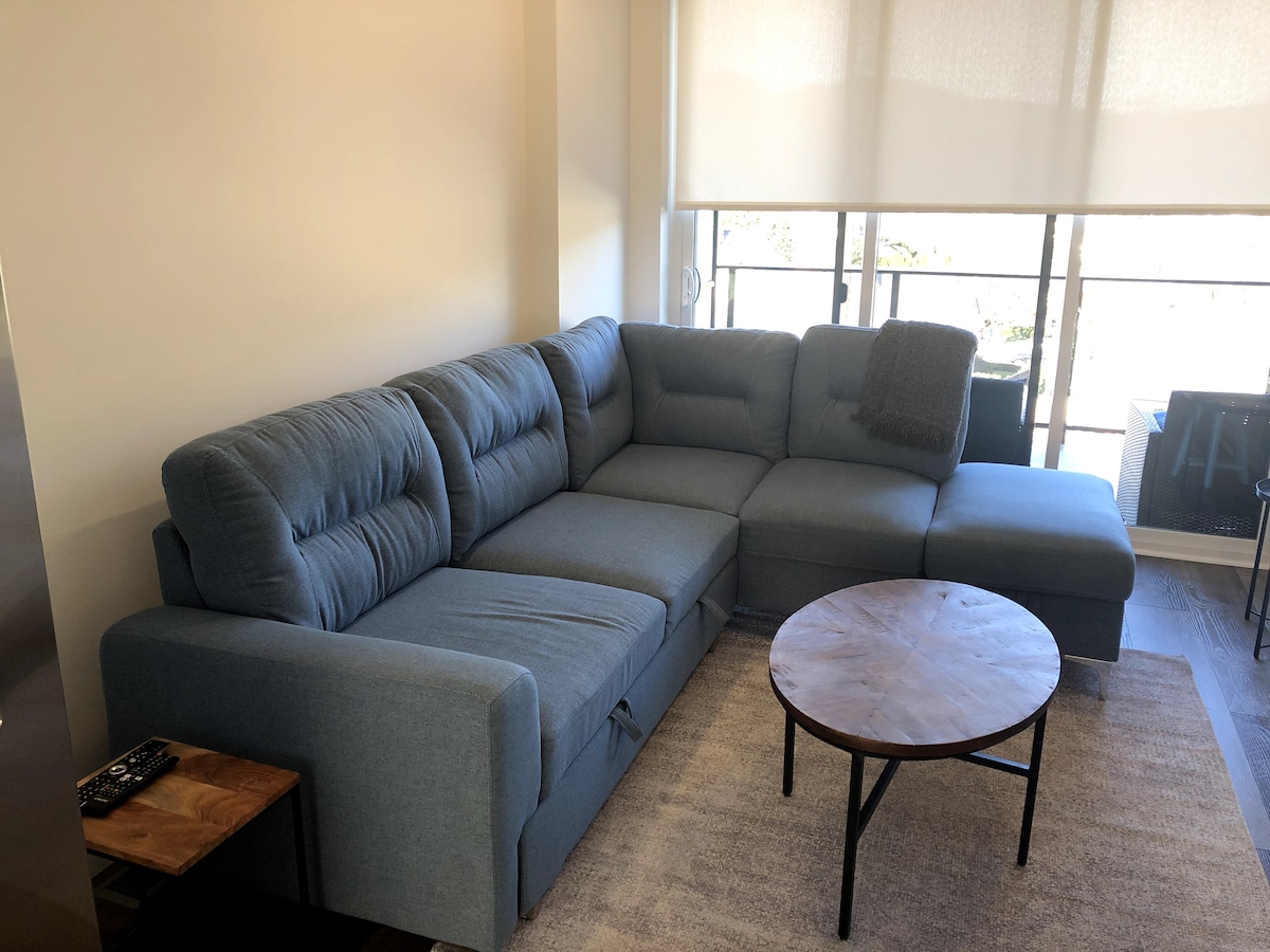 折叠式沙发可伸展成一张双人床。