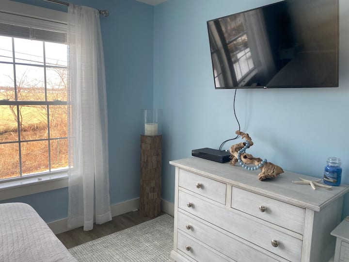 Flat screen TV in the bedroom with gorgeous marsh views overlooking the private backyard. 
