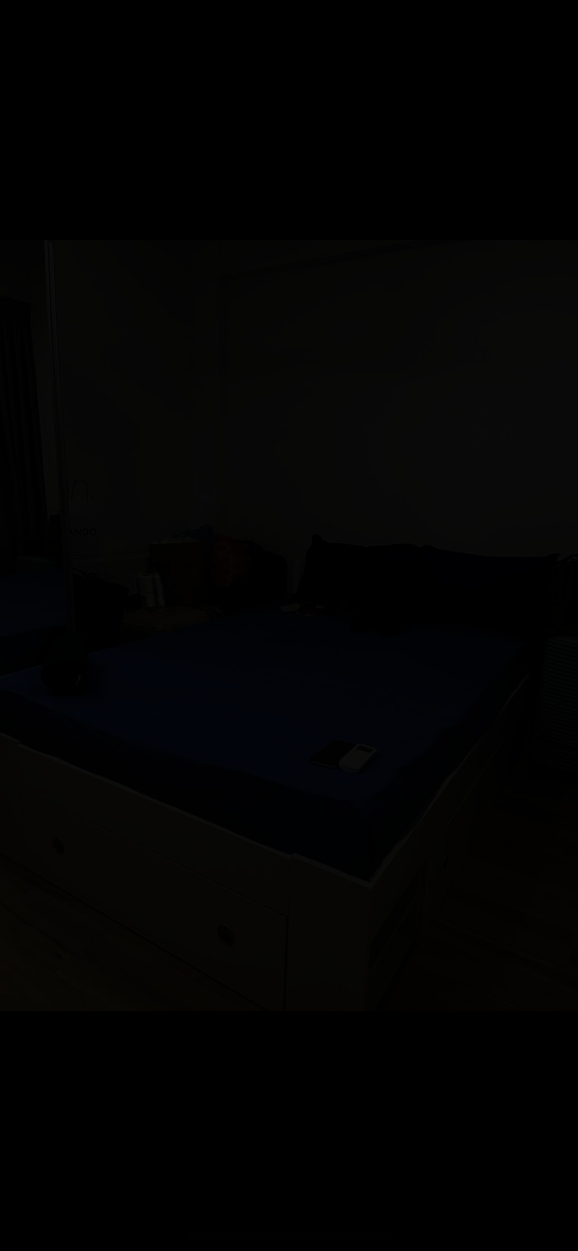 A spacious bed is dressed in a blue sheet and adorned with multiple pillows in coordinating colors. Mirrored surfaces reflect the room's light and provide an illusion of extra space. Nearby, storage drawers and luggage are visible, contributing to a cozy, organized environment.