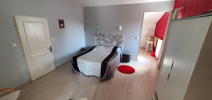 Chumba cha kulala cha rangi nyekundu kilicho na sehemu yake ndogo ya jikoni.