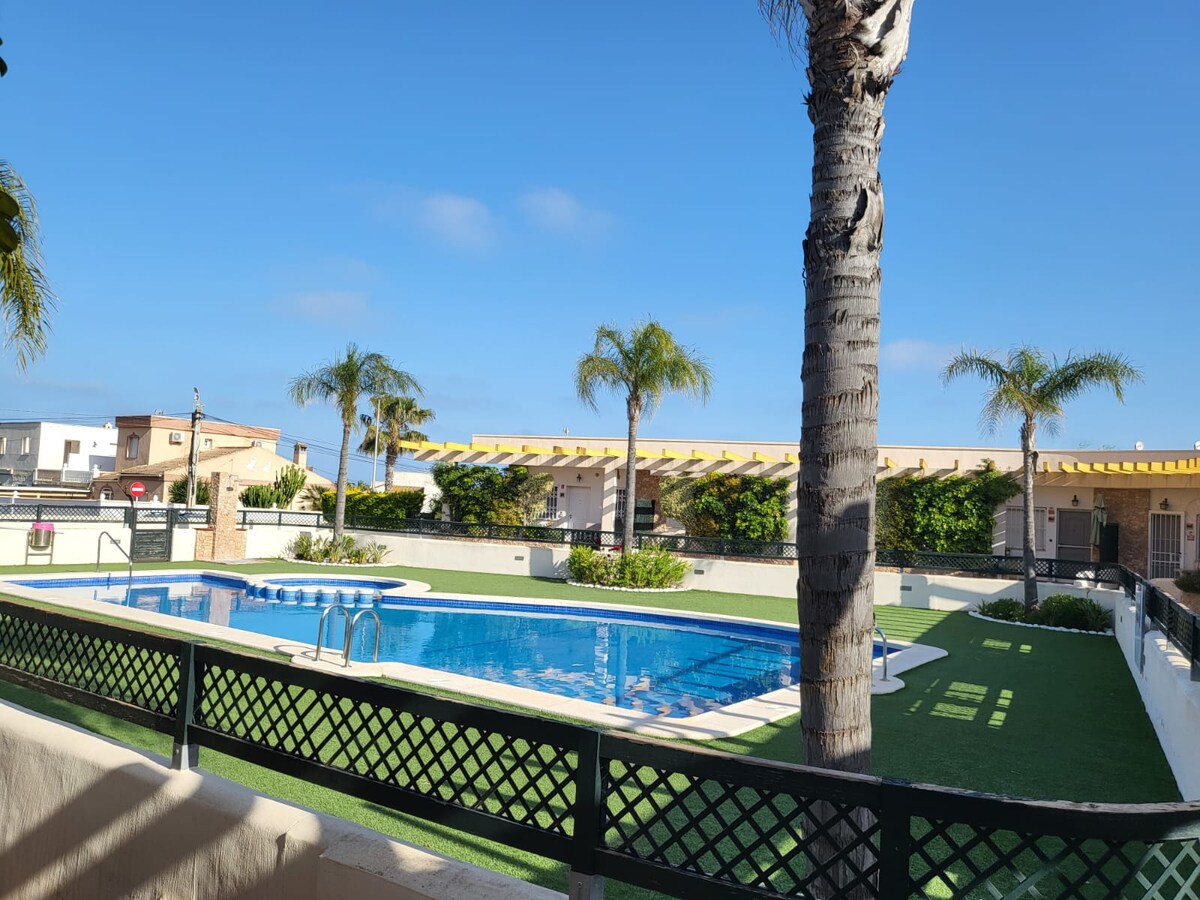 A community pool is showcased, surrounded by tropical palm trees and grassy areas. The clear blue water is complemented by lounge chairs positioned around the pool edge. Sunlight brightens the scene, highlighting the tranquil atmosphere of the outdoor space.