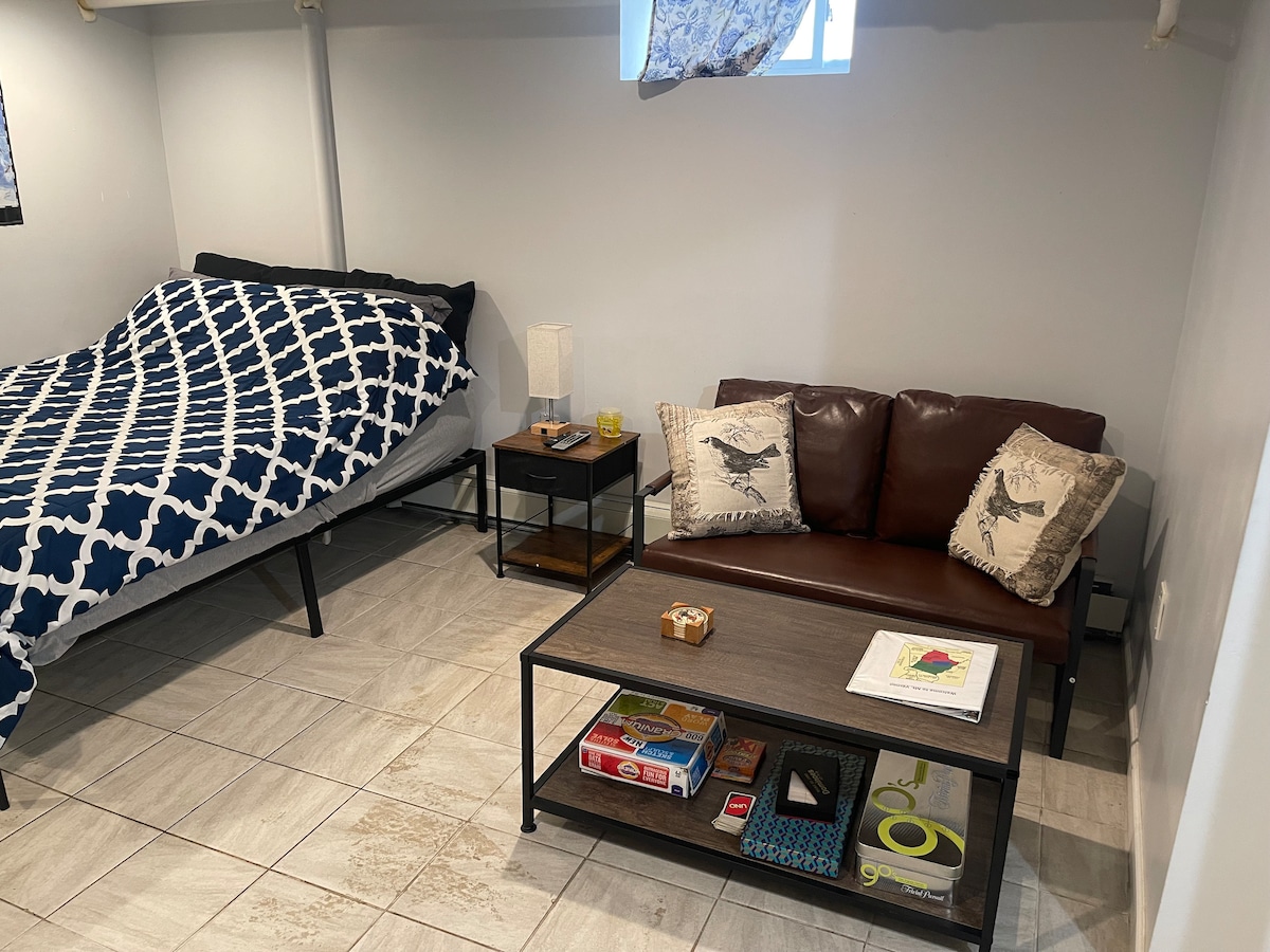A cozy studio space features a queen-size bed adorned with a navy blue patterned blanket. Adjacent is a brown leather loveseat with decorative throw pillows. A small side table and a lamp complete the seating area. The space is brightened by natural light from a window.