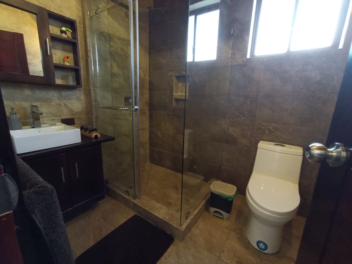 A modern bathroom features a walk-in shower enclosed by glass, providing a spacious appearance. Natural light enters through the upper windows. A sleek vanity with a sink and storage complements the neutral stone tiles, while a toilet is positioned adjacent to the shower.