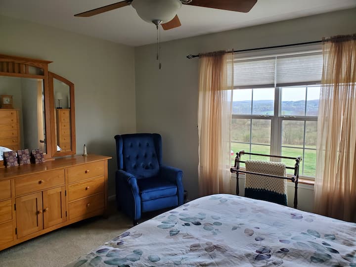 Master bedroom mirrored dresser and a front window view.