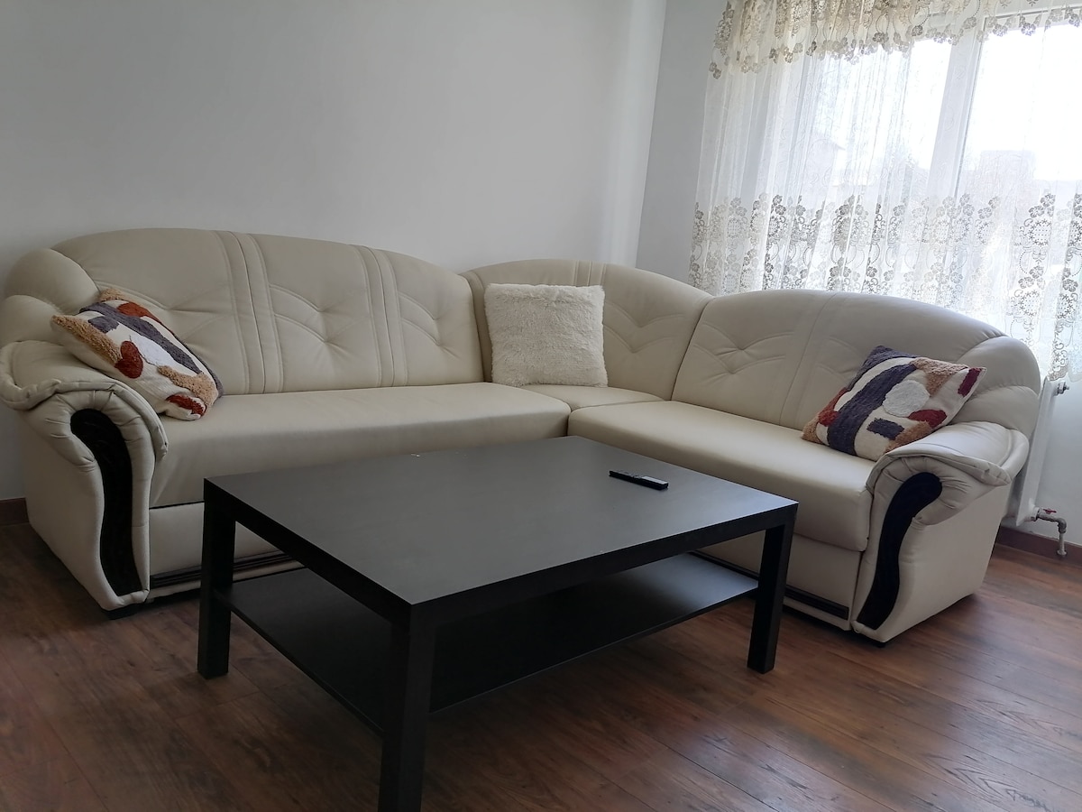 A spacious corner sofa with a light-colored upholstery and decorative pillows is positioned next to a large window adorned with delicate lace curtains. A black coffee table sits in front, complementing the wooden flooring.