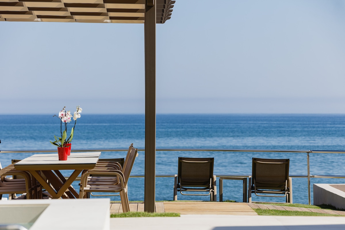 An outdoor seating area features a wooden table adorned with a potted flower and surrounded by chairs. Sun loungers overlook the uninterrupted sea view, framed by a canopy that provides shade and comfort.