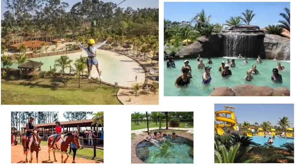A lively outdoor space showcases various activities. A zip-line is utilized by an individual above a large, artificial beach area with palm trees. Nearby, guests are seen enjoying a water park with slides and a waterfall, while others partake in horseback riding under a shaded structure.