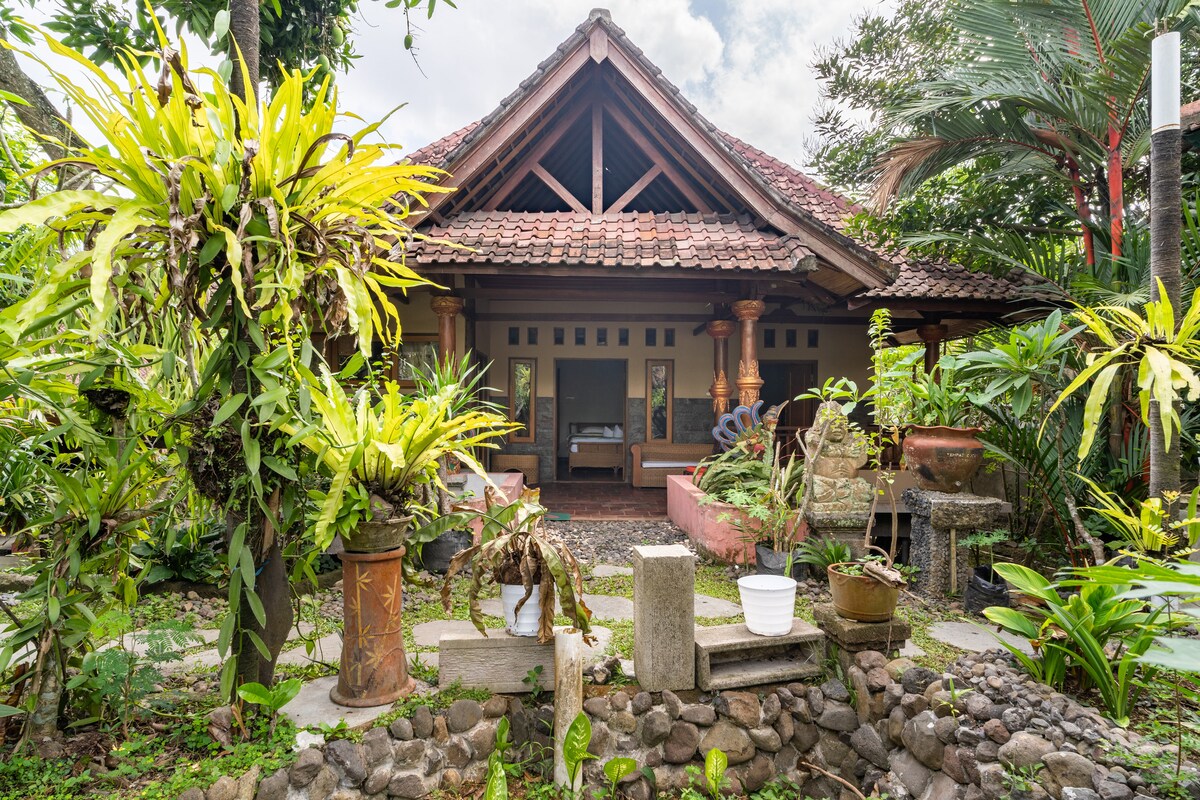A traditional house with a thatched roof is surrounded by lush greenery and vibrant plants. Stone pathways lead through the garden, with decorative pots and sculptures enhancing the natural setting. The shaded area invites relaxation amidst the tropical landscape.