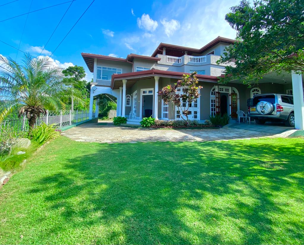 The exterior of the homestay features a multi-level structure surrounded by well-maintained grass and landscaped plants. A spacious driveway leads to a covered parking area. Large windows reflect the sky, while the porch invites seating to enjoy the views of the peaceful environment.