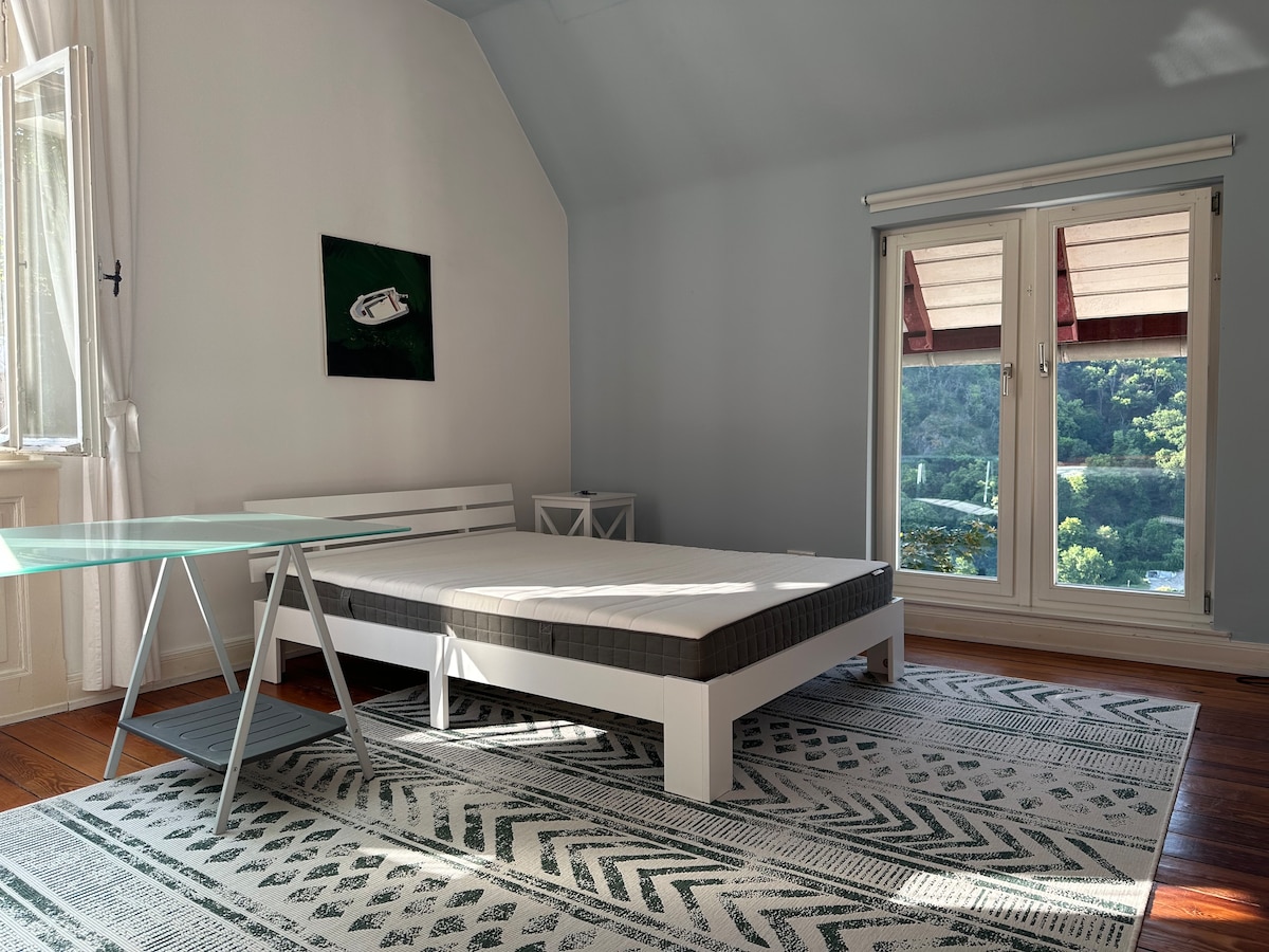 The room features a spacious bed with a minimalist frame and a glass-top table positioned near large windows. Natural light enters through the windows, which provide a view of the surrounding greenery and the Neckar River.