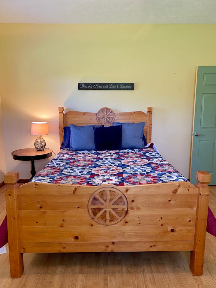 Master bedroom has a queen sized memory foam mattress. Room to place pack-n-play or air mattress in to accommodate small children. Ceiling fan in room for a comfortable nights’ sleep. 