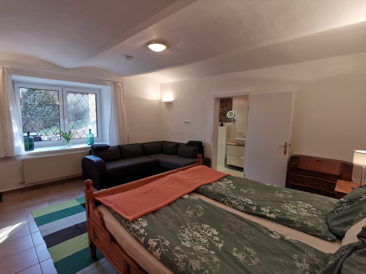 A spacious room features a cozy sleeping area with two beds, adorned with floral-patterned bedding. A corner seating area includes a dark sofa. Natural light enters through a large window, while a small table and lamp complete the welcoming interior.