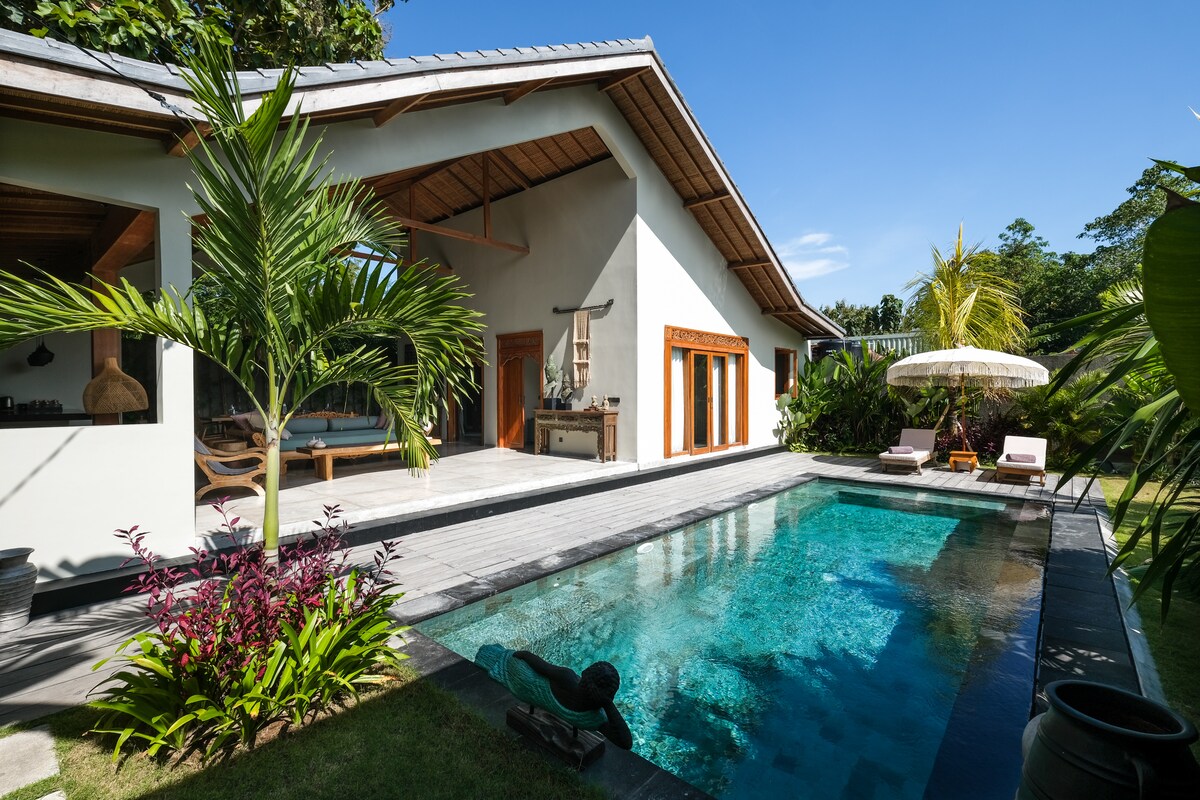 The villa features a semi-open living area overlooking a private pool surrounded by lush greenery. Sunbeds and an umbrella are positioned by the pool, creating a tranquil space for relaxation. The natural wood structure complements the tropical landscape.