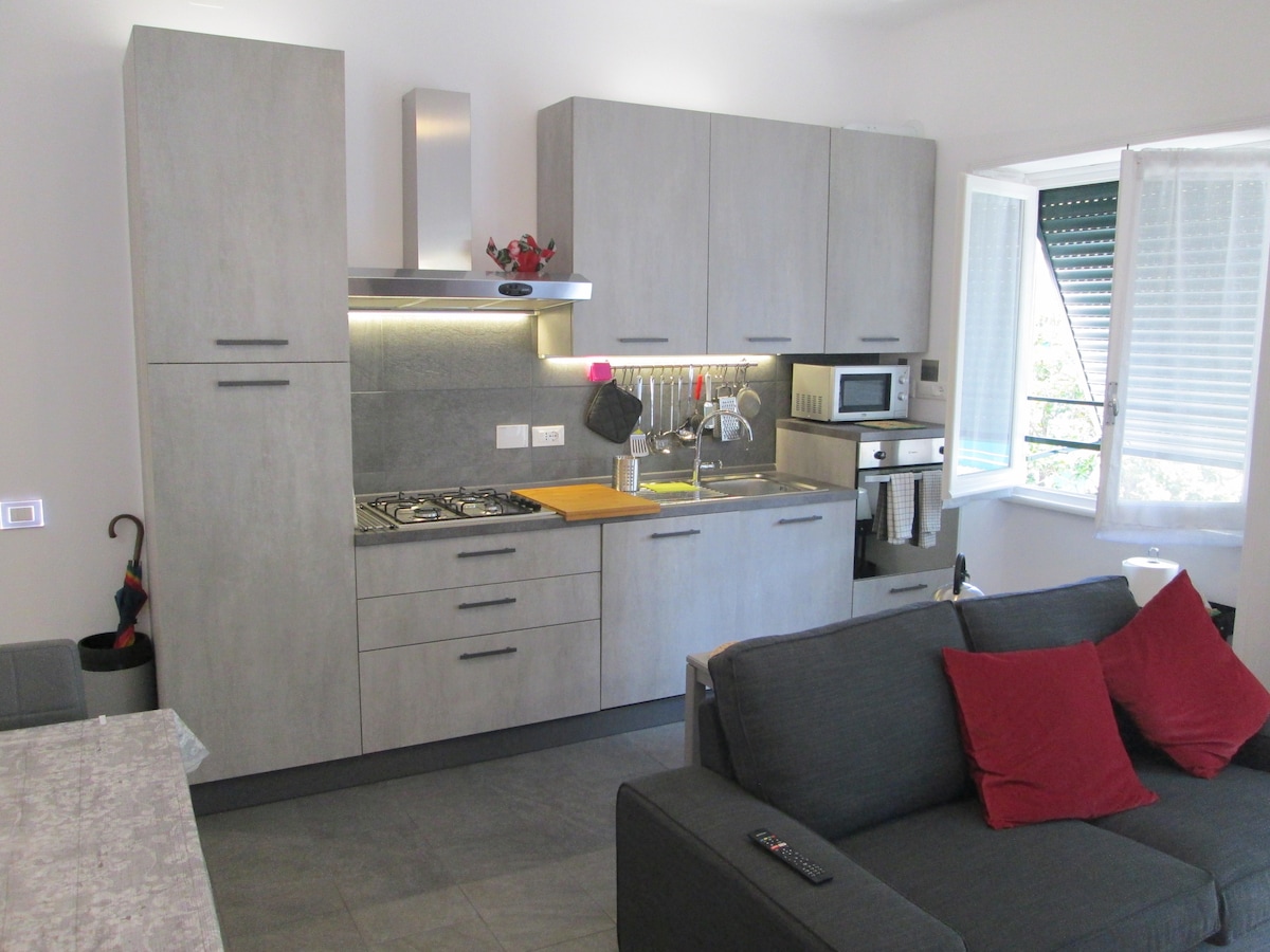 A modern kitchen area features sleek cabinetry and integrated appliances, including a stovetop, oven, and microwave. A small wooden cutting board is placed on the countertop. Natural light filters through the window, while a comfortable sofa with red throw pillows is positioned in the foreground.