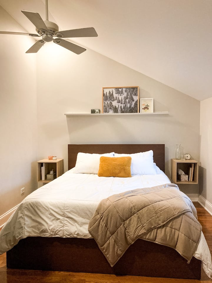 Rest easy on a queen bed with fresh linens and comfy pillows. You’ll have an AC unit & radiant floor heating, and a small window, so nature is in view. If you don’t want to wake up with the sun, just pull down the shade and sleep in.