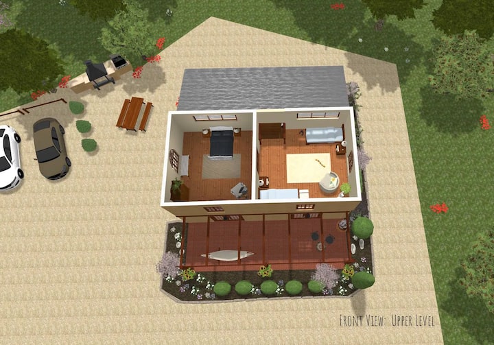 À l'étage, dormez avec Queen et deux célibataires.  Séparé par une porte en verre dépoli. 