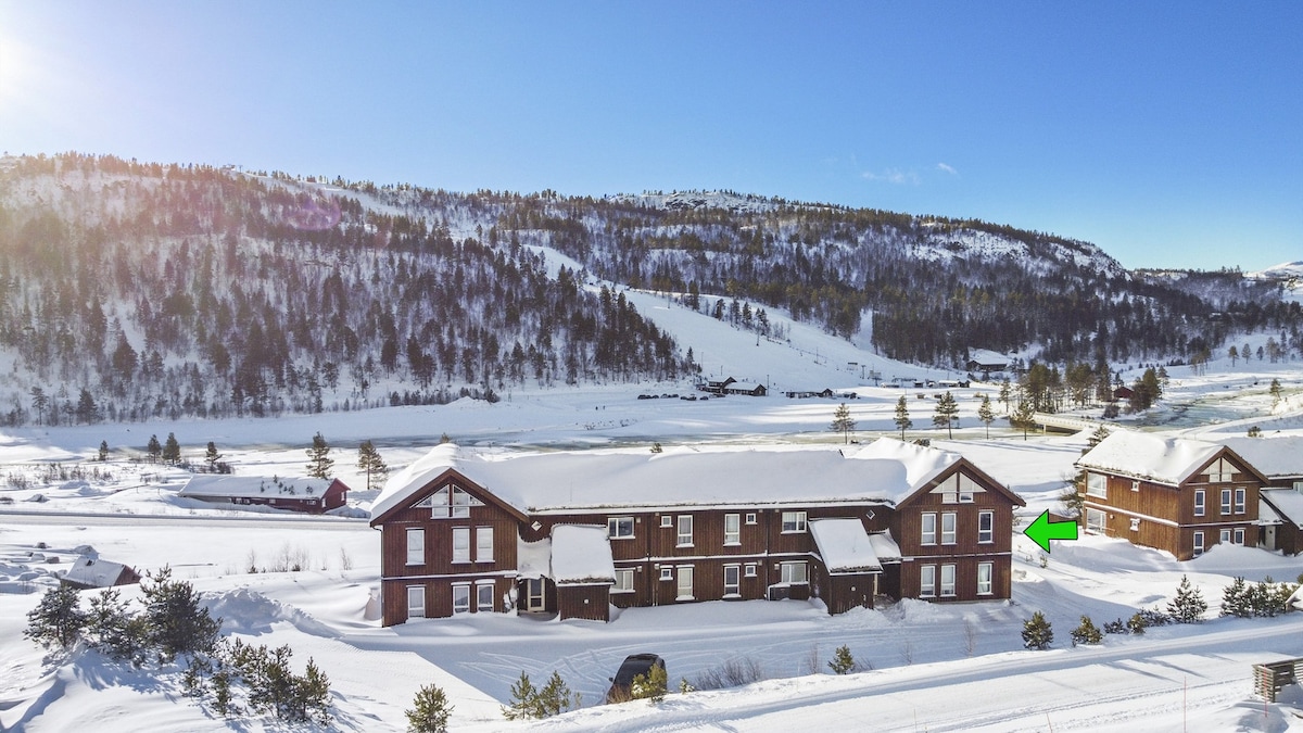 A winter landscape features snow-covered buildings nestled in a valley, with wooded hillside in the background. The scene captures a clear blue sky and the distant slope, indicating proximity to skiing areas. The foreground showcases a tidy snow-covered pathway leading to the entrance.