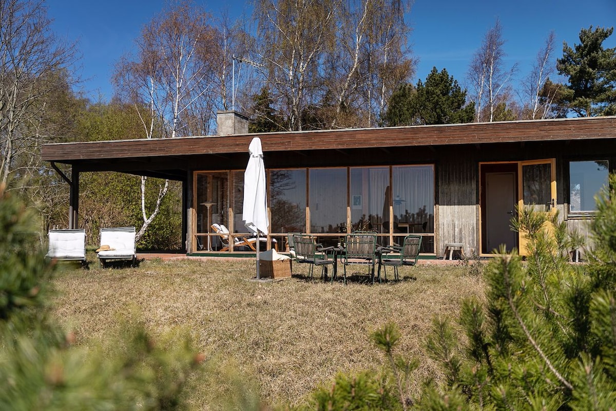 A spacious house is set against a backdrop of natural greenery, featuring a large deck area with seating and a dining table. A sun umbrella is positioned for shade, complementing the relaxed outdoor environment. Windows allow for ample natural light into the interior.