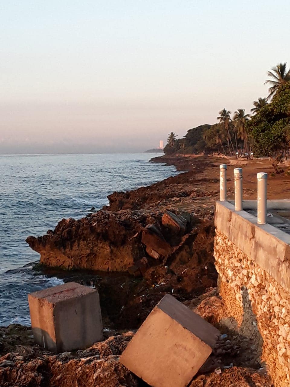 Rocky coastline is visible, with the calm sea gently lapping against the shore. Sunlight reflects on the water, creating a warm glow. Lush palm trees line the edge, and a pathway is seen running parallel to the rocky area, creating a natural scenic environment.
