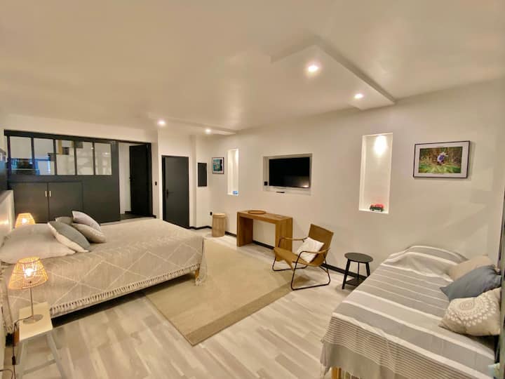 Autre vue de la chambre climatisée de l'entresol avec un lit double et 3 lits simples