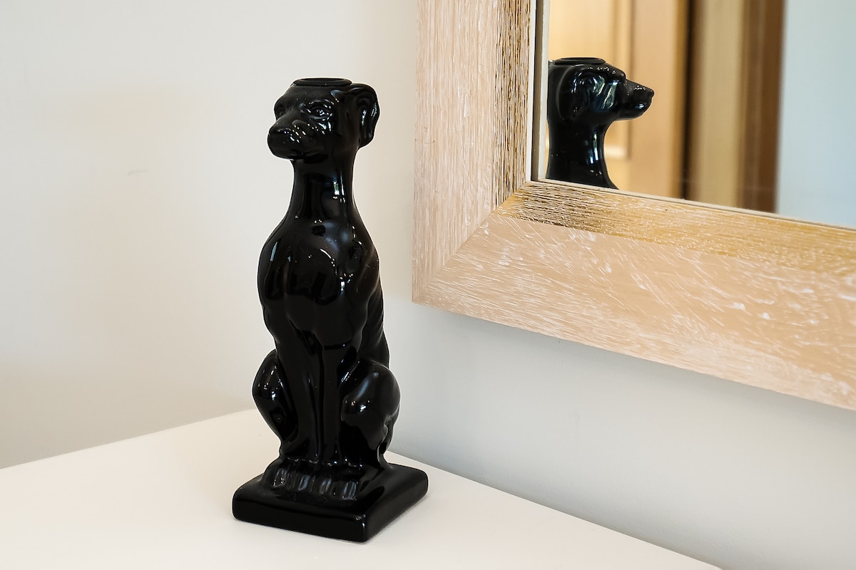 A black ceramic dog figurine sits on a white surface, reflecting softly in a nearby mirror. The figurine is detailed, featuring smooth surfaces and defined features, while the frame of the mirror exhibits a light wood texture.