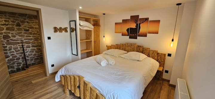 Lit double literie confortable, de 160cm par 200cm. Chambre avec Tv