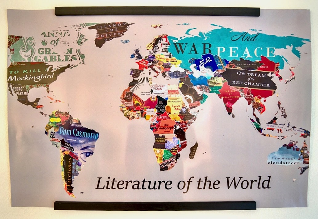 A colorful world map collage is displayed with famous literary works from various countries. Each region features book titles and illustrations, creating a vibrant representation of global literature. The phrase 'Literature of the World' is prominently featured at the bottom.
