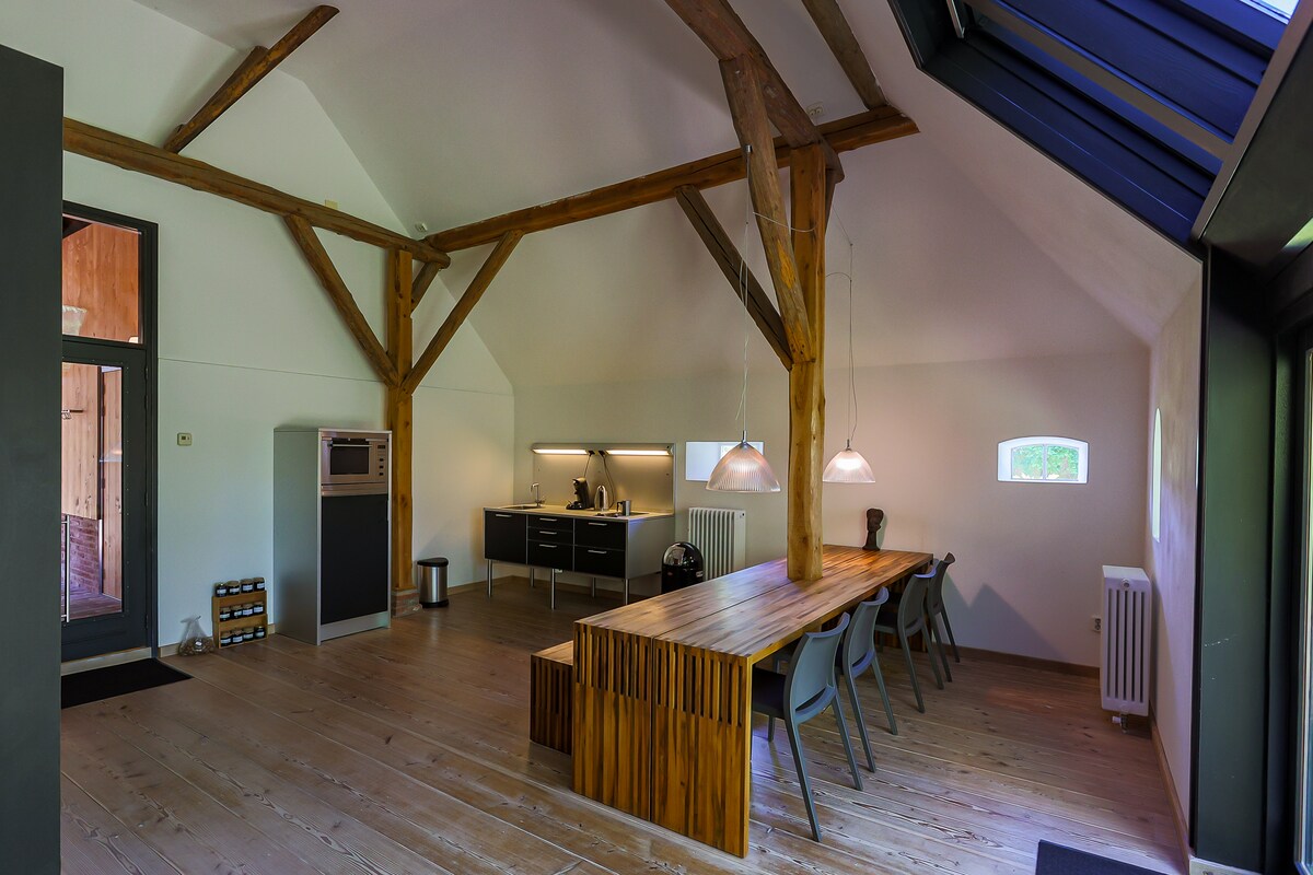 An open living area features high ceilings with exposed wooden beams. A wooden dining table with several chairs is positioned at the center, complemented by pendant lighting above. The kitchen area includes modern appliances, and large windows allow natural light to fill the space.