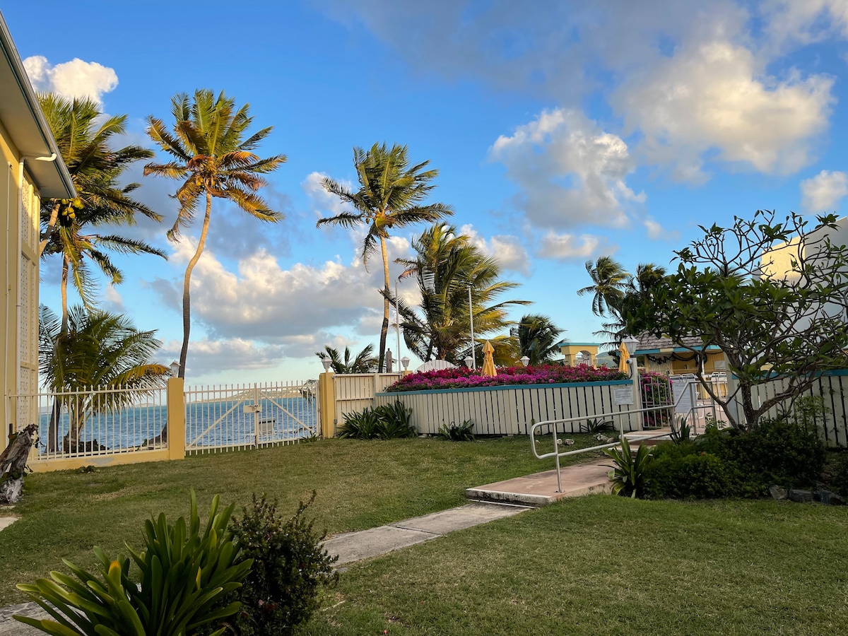 A tranquil outdoor area is visible, featuring well-maintained grass and a pathway bordered by lush greenery. Palm trees sway in the gentle breeze, while colorful flowers add vibrant accents near the white fence, which frames a view of the ocean beyond.