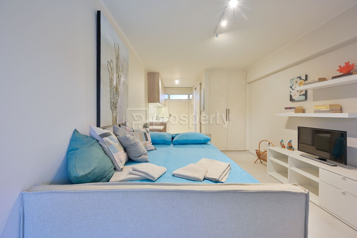 A spacious studio is depicted, featuring a large blue bed with neatly arranged towels. A light-colored sofa is positioned in the foreground, and a television is placed on a white media console. Soft lighting enhances the neutral decor, creating a calm and functional living space.