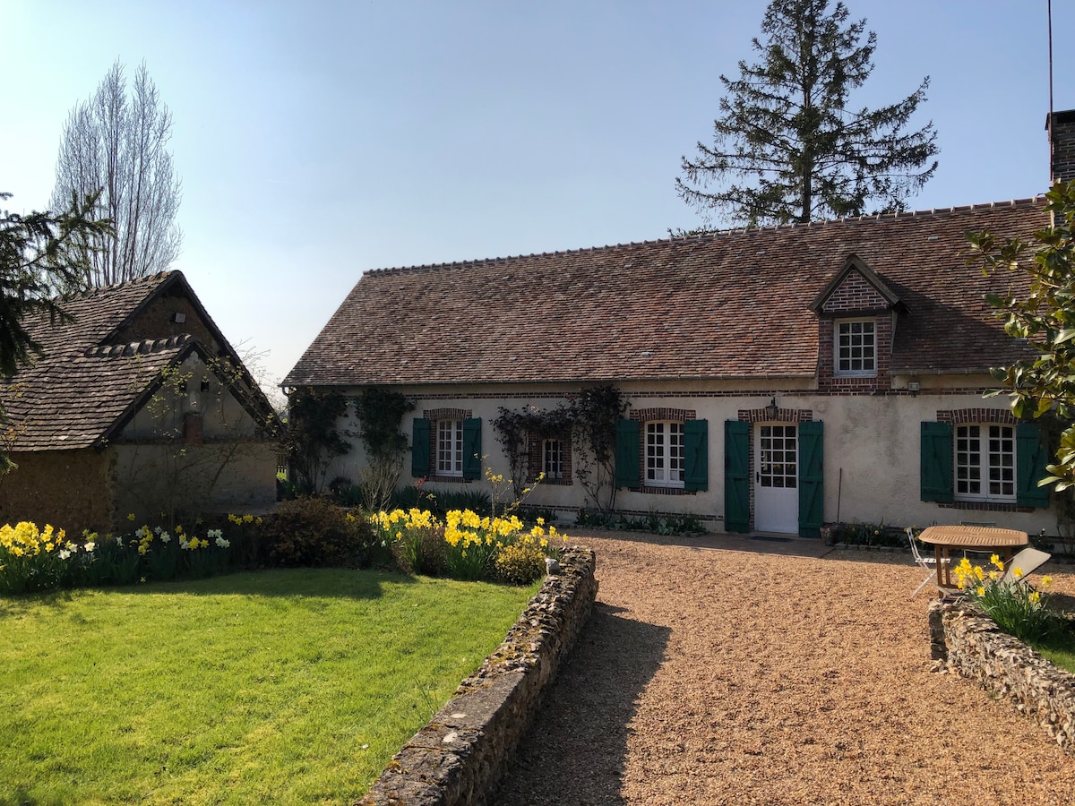 The exterior features a charming house with a sloped roof and blue shutters. A flower bed with yellow blooms lines the gravel pathway leading to the entrance. A small outbuilding is visible to the left, surrounded by lush greenery.