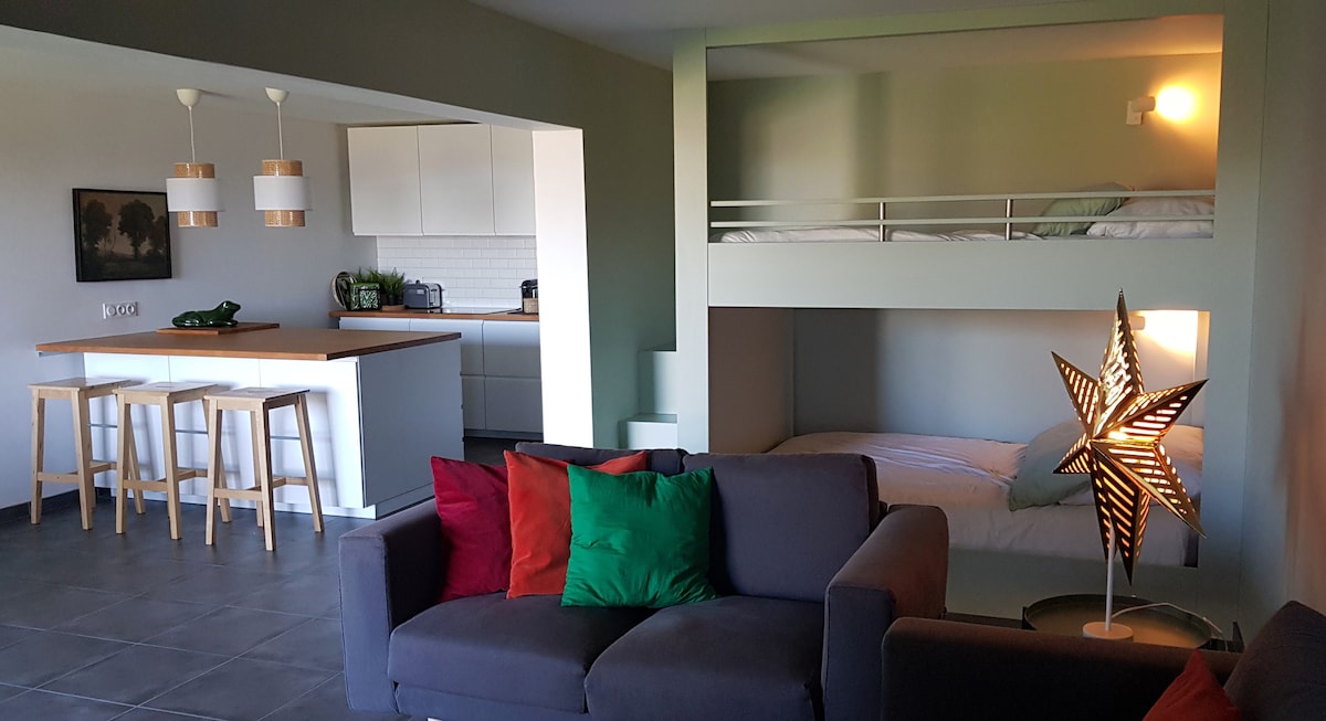 An open floor plan is presented, showcasing a cozy living area with a dark sofa adorned with colorful cushions. A compact kitchen bar with stools is visible in the background, alongside a sleeping alcove featuring twin beds and subtle lighting.