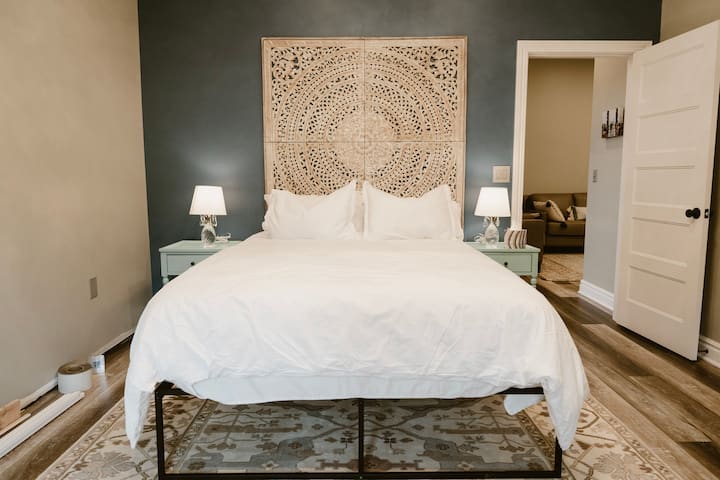 The master bedroom - The bedding is a top class duvet with fantasy mattress for a deep sleep.  Soon to be add is the Italian doors that will open to an outside balcony to enjoy a glass of wine. You may never leave the master bedroom. 