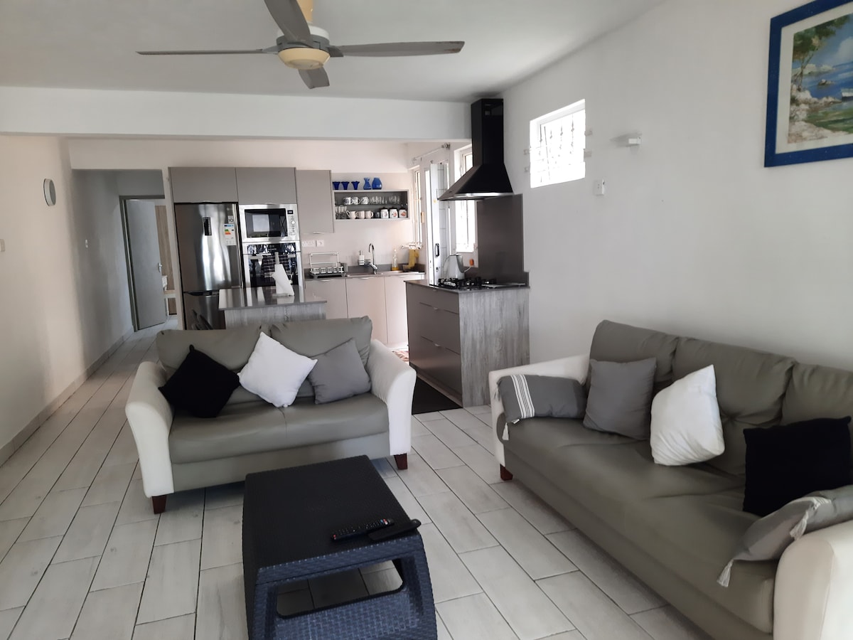 A spacious living area features two sofas in light and neutral tones, adorned with accent pillows. A coffee table sits centrally, while a well-equipped kitchen is visible in the background, complemented by modern appliances and a sleek island counter.