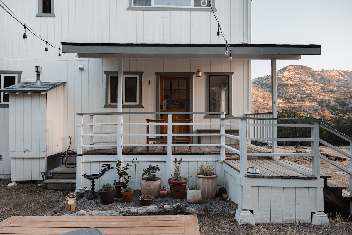 The outdoor deck of the cabin features a wooden railing and multiple potted plants arranged along the floor. A spacious entryway leads to the interior, with mountains visible in the background. String lights hang overhead, adding a subtle ambiance.