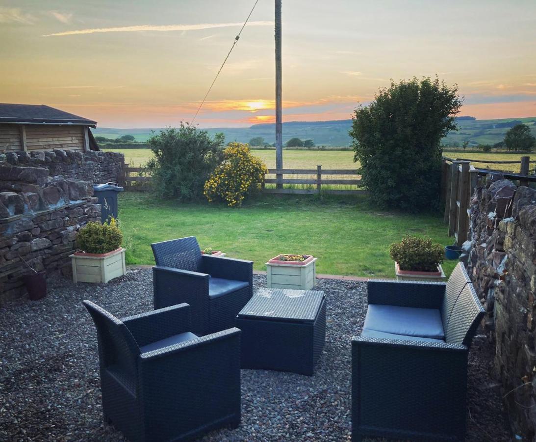 An outdoor seating area features four wicker chairs arranged around a small table on a gravel surface. A gently sloping lawn stretches into the distance, framed by lush greenery and a rustic fence. A tranquil sunset bathes the scene in soft orange and pink hues.