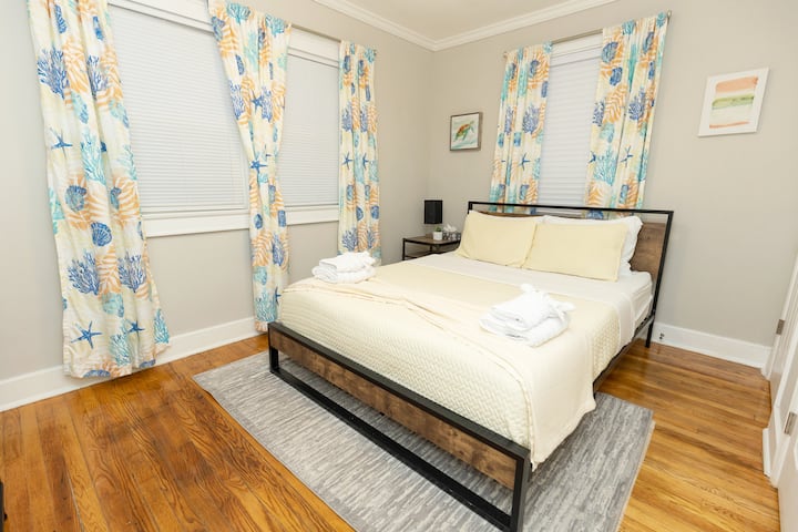 Each room has a queen-sized bed that delivers the most comfortable night's sleep. Also, enjoy a 32" smart tv or listen to white noise to lull you to sleep with an Echo Dot.