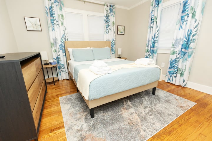 Each room has a queen-sized bed that delivers the most comfortable night's sleep. Also, enjoy a 32" smart tv or listen to white noise to lull you to sleep with an Echo Dot.