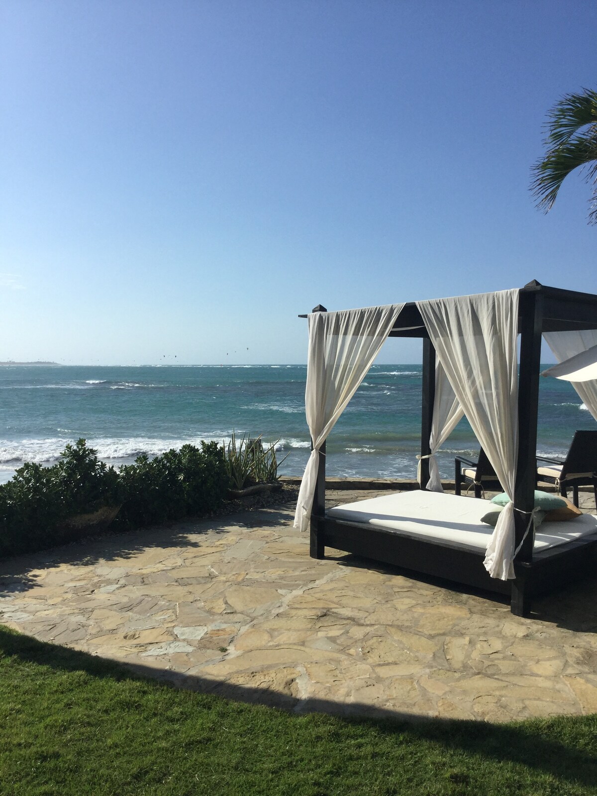 A sunlit outdoor area features a black canopy bed with flowing white drapes, positioned on a stone patio overlooking the ocean. Gentle waves can be seen lapping at the shore, with palm fronds visible in the background against a clear blue sky.