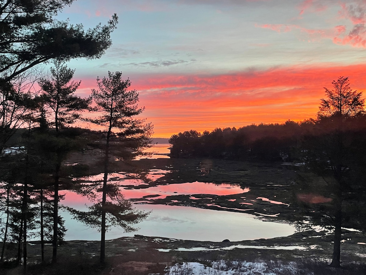 A serene view captures a colorful sunset reflecting off the still water of a tidal marsh, surrounded by trees. The sky displays hues of pink, orange, and purple, while the landscape features patches of grass and wetland areas. The scene evokes a tranquil atmosphere.