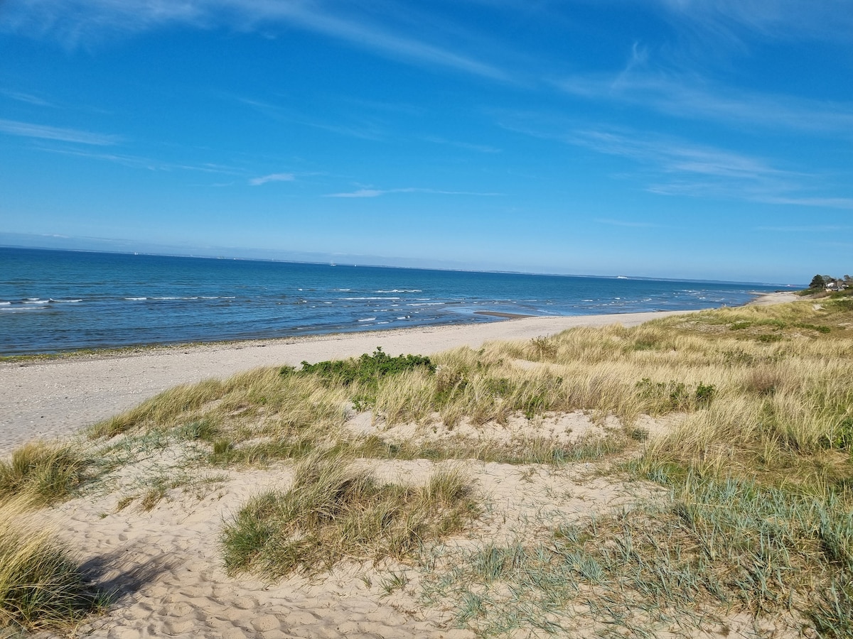 A sandy beach extends into the distance, bordered by patches of grass and sea oats. The calm ocean reflects a clear blue sky with scattered clouds. Gentle waves can be seen lapping at the shore, creating a peaceful and expansive coastal view.