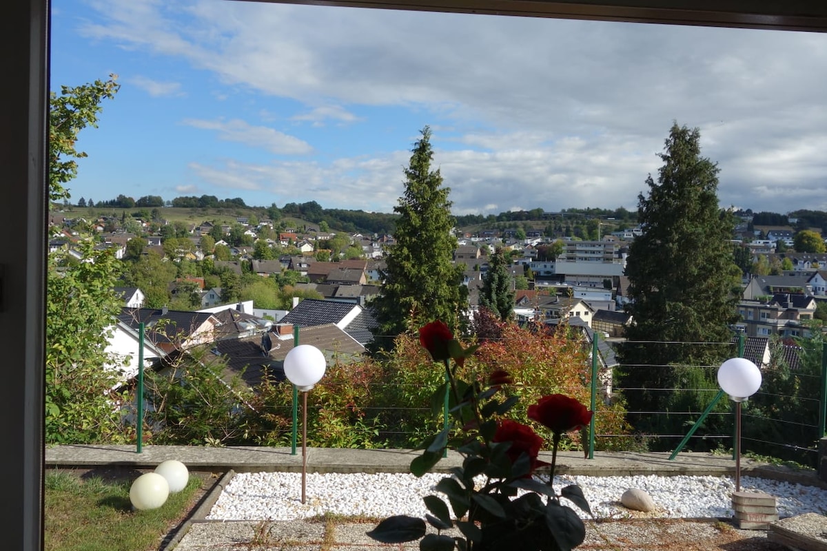 A scenic view is captured from within the apartment, showcasing rolling hills and a landscaped neighborhood. Decorative lighting adds a modern touch to the garden area, while a collection of vibrant flowers enhances the foreground, creating a blend of nature and contemporary design.