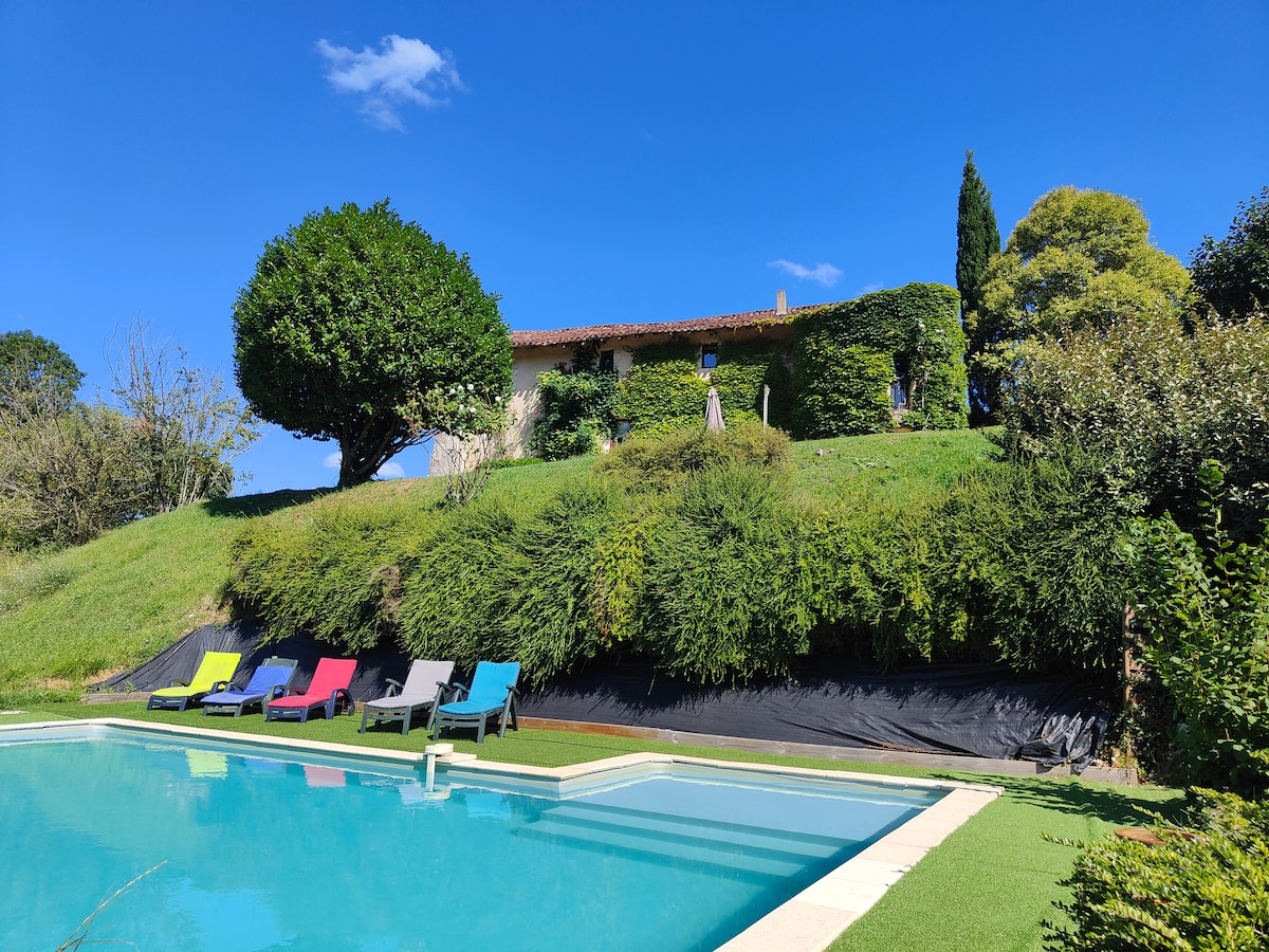 A serene pool area features a clear swimming pool surrounded by well-maintained grass. Colorful lounge chairs in shades of blue, pink, and yellow are positioned along the edge, inviting relaxation. The lush green hillside rises in the background, leading to a charming house adorned with greenery.