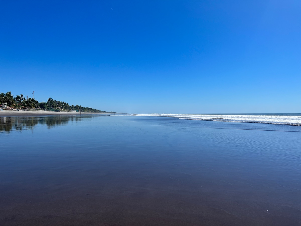 A serene beach scene is captured, featuring calm waters that reflect the clear blue sky. Gentle waves lap against the shore, while the horizon showcases distant palm trees, contributing to a peaceful and inviting coastal atmosphere.