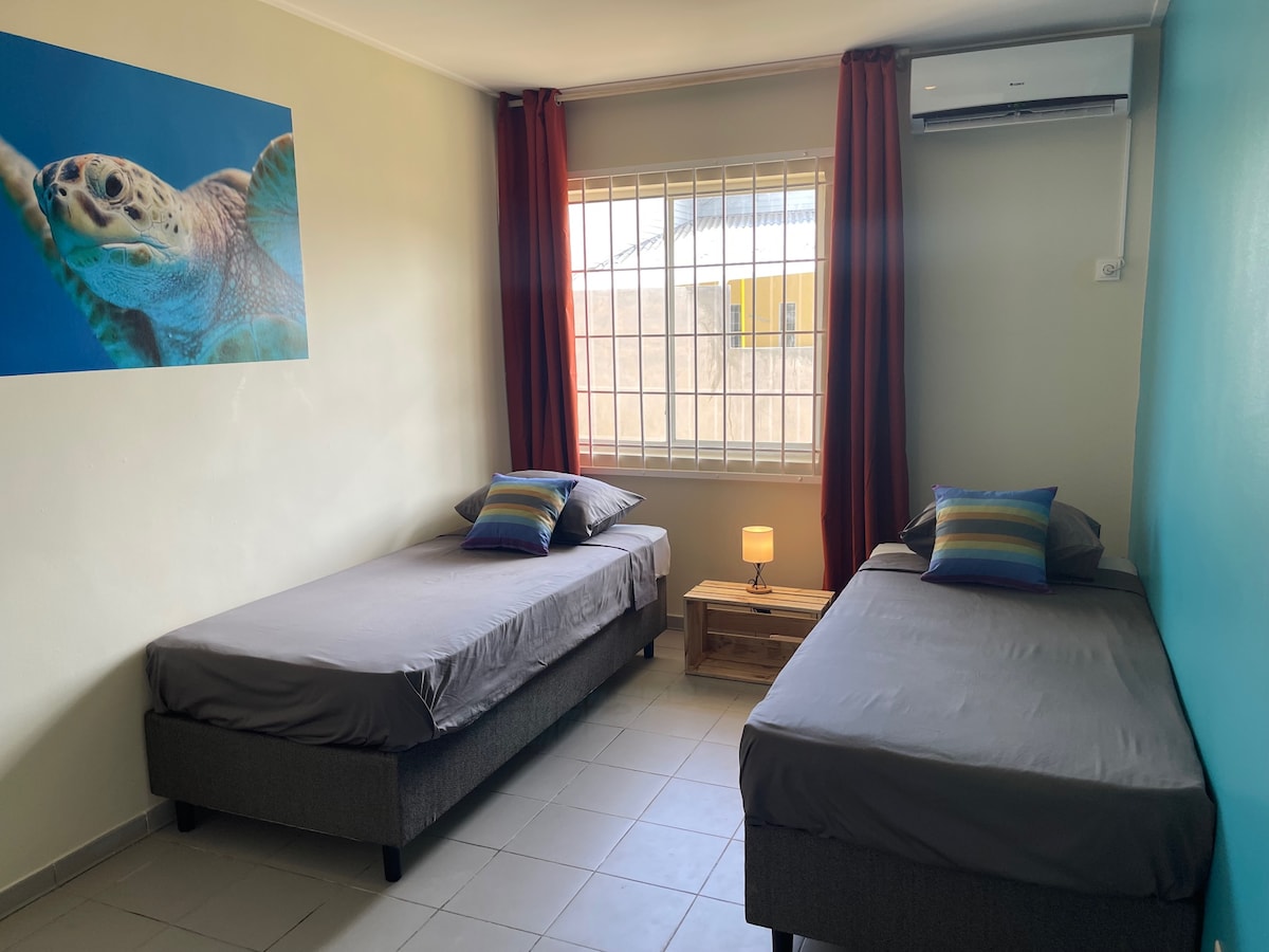 ห้องเต่ามีเตียงเดี่ยว 2 เตียง ที่นี่ก็มีหน้าจอและเครื่องปรับอากาศด้วย 