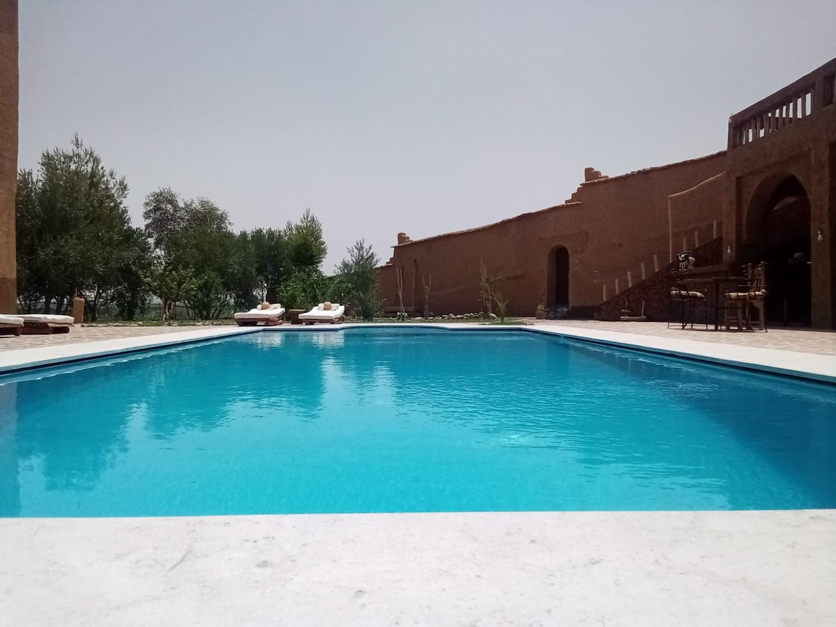 A sparkling outdoor pool is framed by a sunlit deck, featuring lounge chairs positioned on one side. Lush greenery and a traditional building with earthy tones provide a serene backdrop, enhancing the peaceful ambiance of the space.