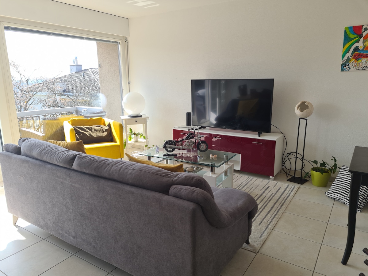 A modern living area features a large gray sofa facing a flat-screen TV mounted above a sleek red media unit. A glass coffee table sits in the center, surrounded by a vibrant yellow chair and potted plants. Natural light fills the space through large sliding glass doors.